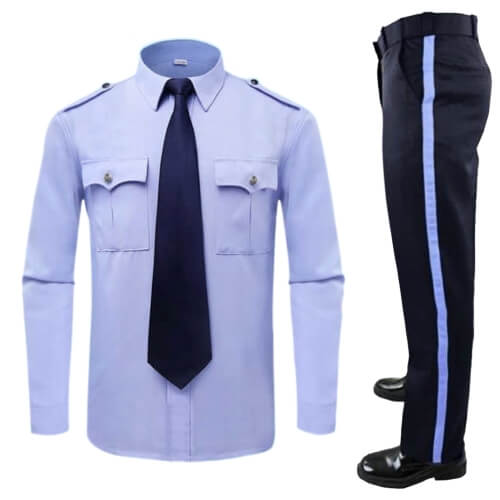 Security guard uniform consisting of shirt with double pocket, trouser with side strip, tie, belt and askari boots